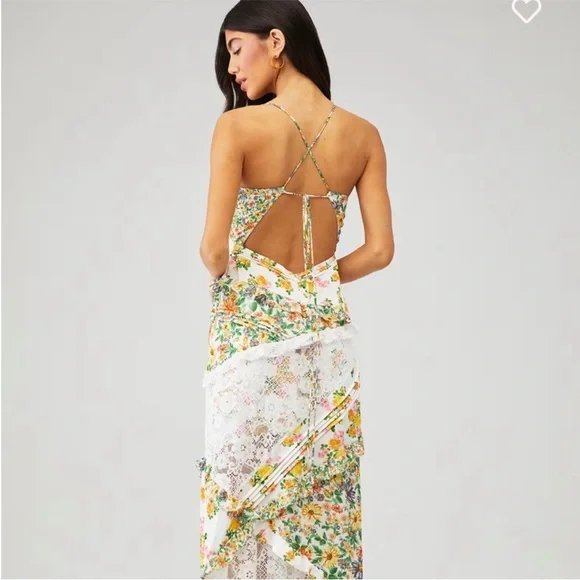 For Love And Lemons Floral The Rosalyn Maxi Marigold Green XL NEW
